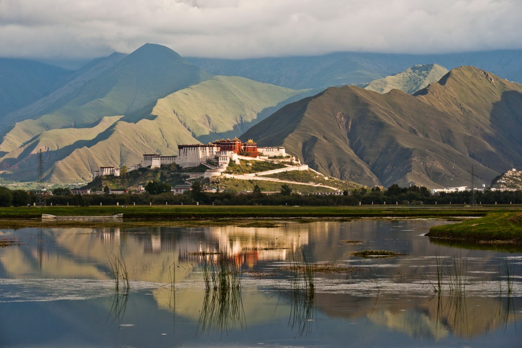 Chamadao,  Lhasa. Lharu Marsh, Back view of Potala Palace at sunset