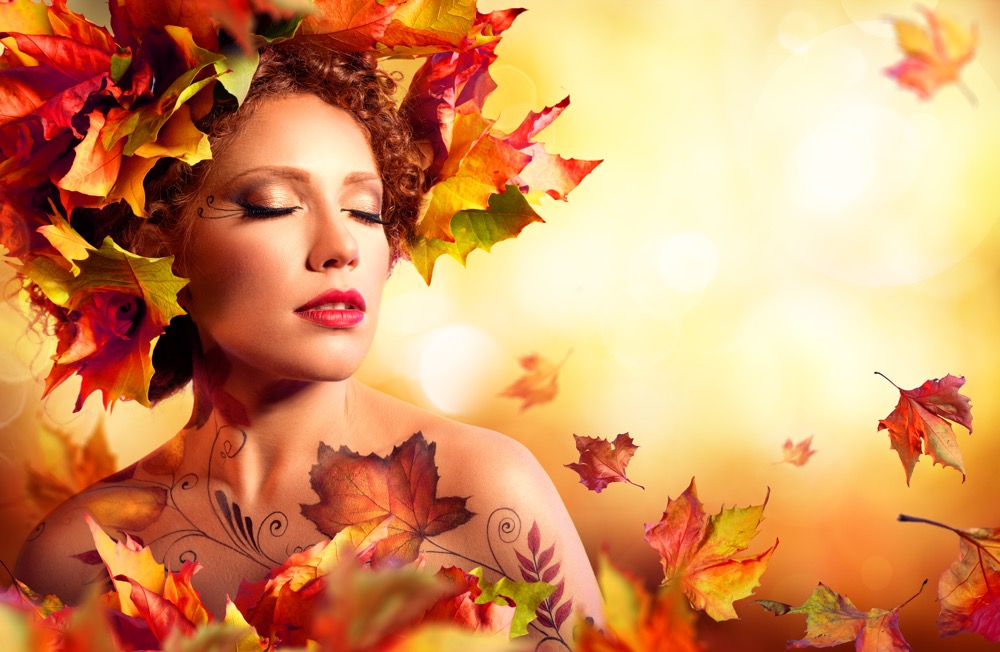 Autumn Woman Portrait - Beauty Fashion Model Girl - With Red Leaves