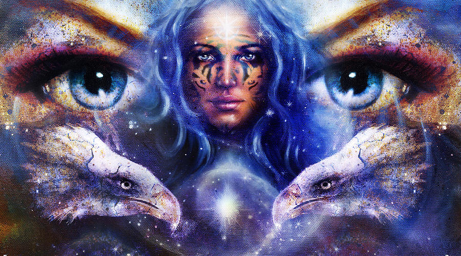 goddess-woman-with-ornamental-tattoo-on-face-in-space-and-light-stars-with-eagles-head-eyes-woman-eye-contact-jozef-klopacka